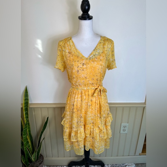 Simply VeraWang Chiffon Dress Butter Yellow Fairycore Tiered Coquette Women Sz M - Picture 1 of 13